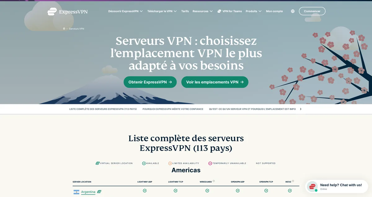 Liste des emplacements de serveurs ExpressVPN, capture du 31 octobre 2026