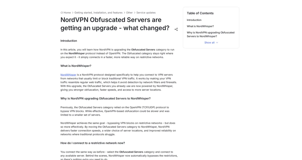 Article du support NordVPN expliquant la mise à jour des serveurs obfusqués, capture du 31 octobre 2026