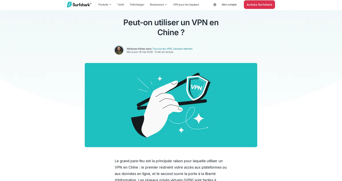 Article du blog Surfshark sur l'utilisation d'un VPN en Chine, capture du 31 octobre 2026
